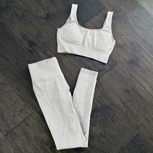 Beige Cream Gym & Loungewear Matching Set | Ribbed Leggings & Sports Bra Tank